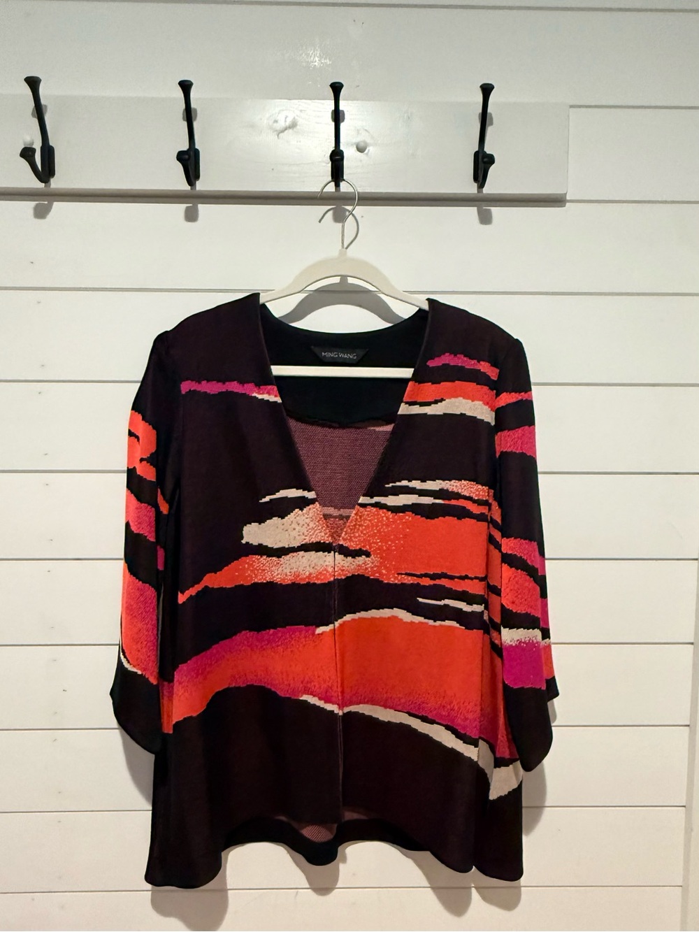 Ming Wang Knit Jacket Abstract Wave Print Cardigan Size M Quiet Luxury